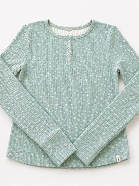 Abercrombie & Fitch Mint Green Ribbed Henley Top with Tiny White Floral Print